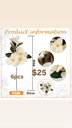 6 Pcs Artificial Magnolia Flowers Stems White Magnolia Long Stem Flower Faux Creamy Grandiflora Buds with Green Leaves for Tall Vase Realistic Table C