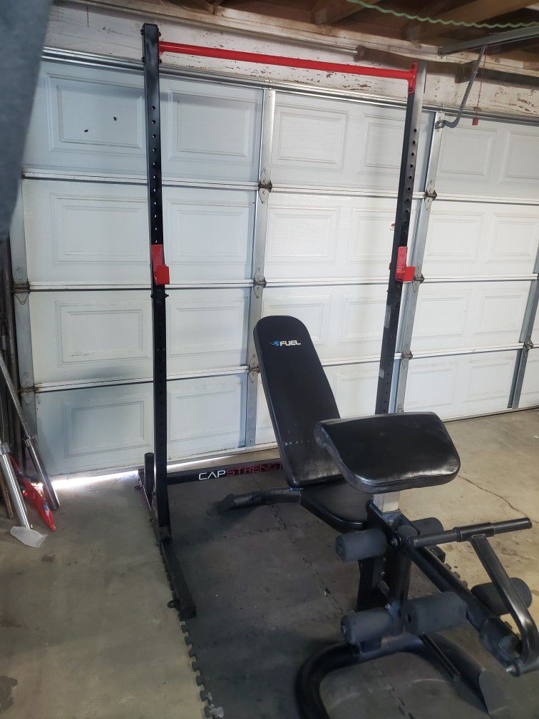 Olympic Squat Rack With Pull up Bar & Adjustable Bench with Leg Developer & Preacher Pad & curl bar.