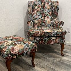 Les brown floral wingback chair & ottoman **FREE LOCAL DELIVERY**