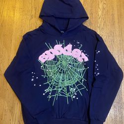 sp5der Navy Pink Green Web Graphic Print Pullover Hoodie Size M Regular
