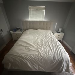 Cream Tufted Headboard bed California king and 2 White Nightstands Set