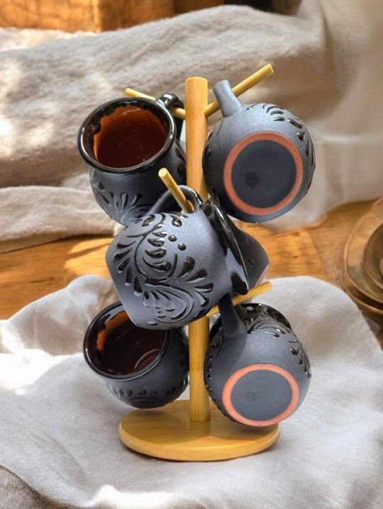 🖤☕️Black Talavera Mugs With Stand Included ☕️🖤Etsy Casamxartesanalstore. Tel 562 348-2841 