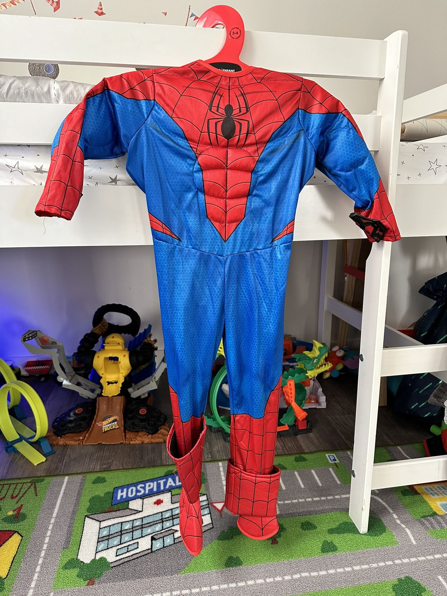 Spiderman Costume Boys Extra Small 3-4 Suit Gloves Mask Muscle Shoe Covers Kids