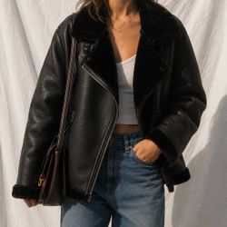 For the Republic Black Shearling Moto Jacket – Size Medium
