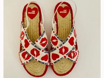 Brand New LOVE MOSCHINO LIPS AND HEARTS SLINGBACK ESPADRILLE SANDALS