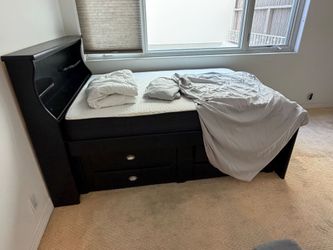 Black Wood Bed with Storage Drawers