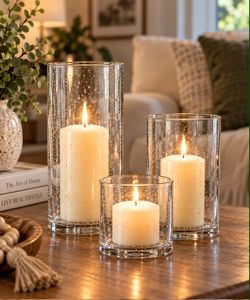 Set of 3 Clear Glass Hurricane Candle Holders – 10", 7" & 4" – Seeded Bubble Glass Centerpieces