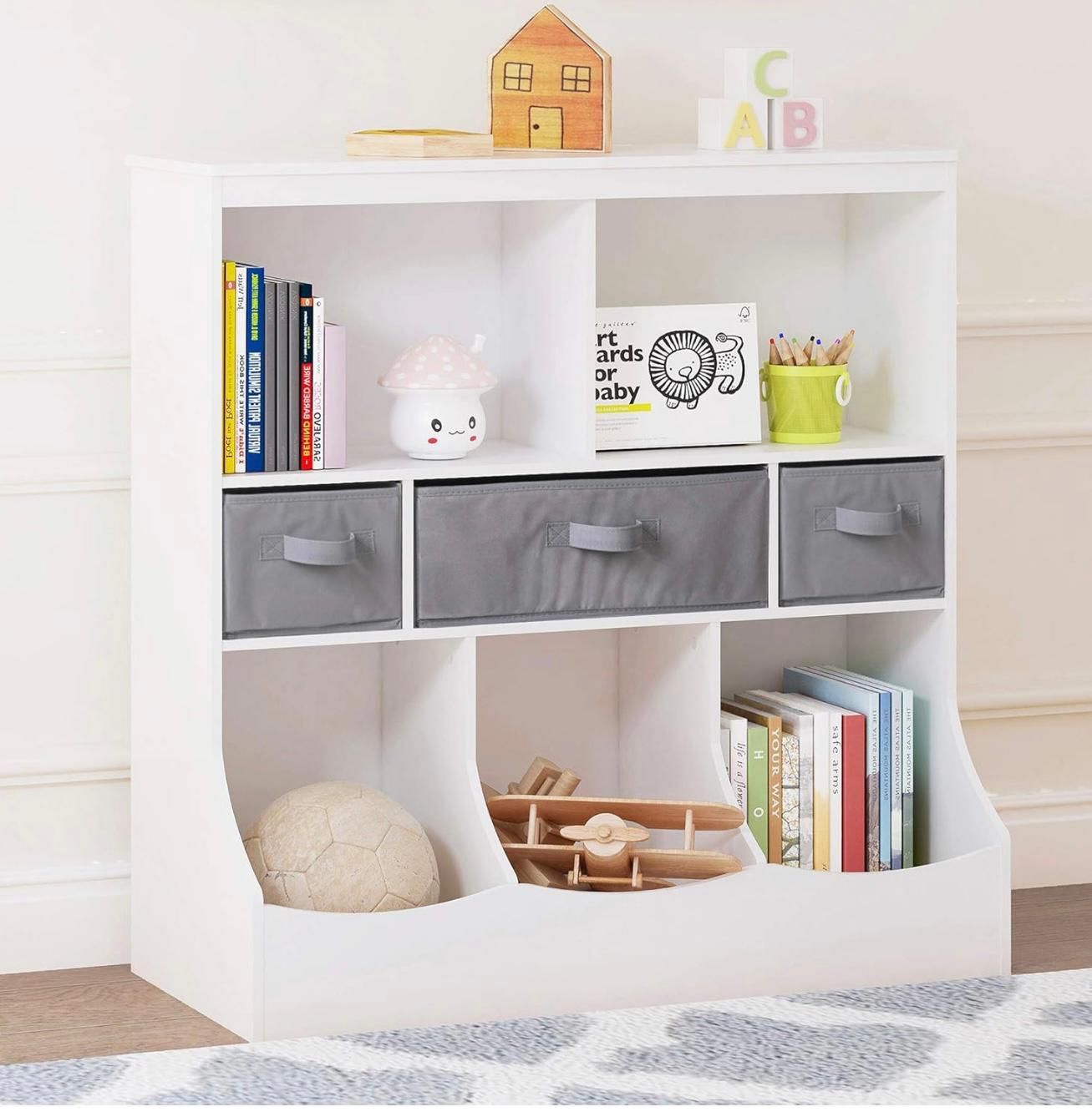 Toy Storage Organizer, 8 Cubbies Bookcase with 3 Baskets, White(GH13)