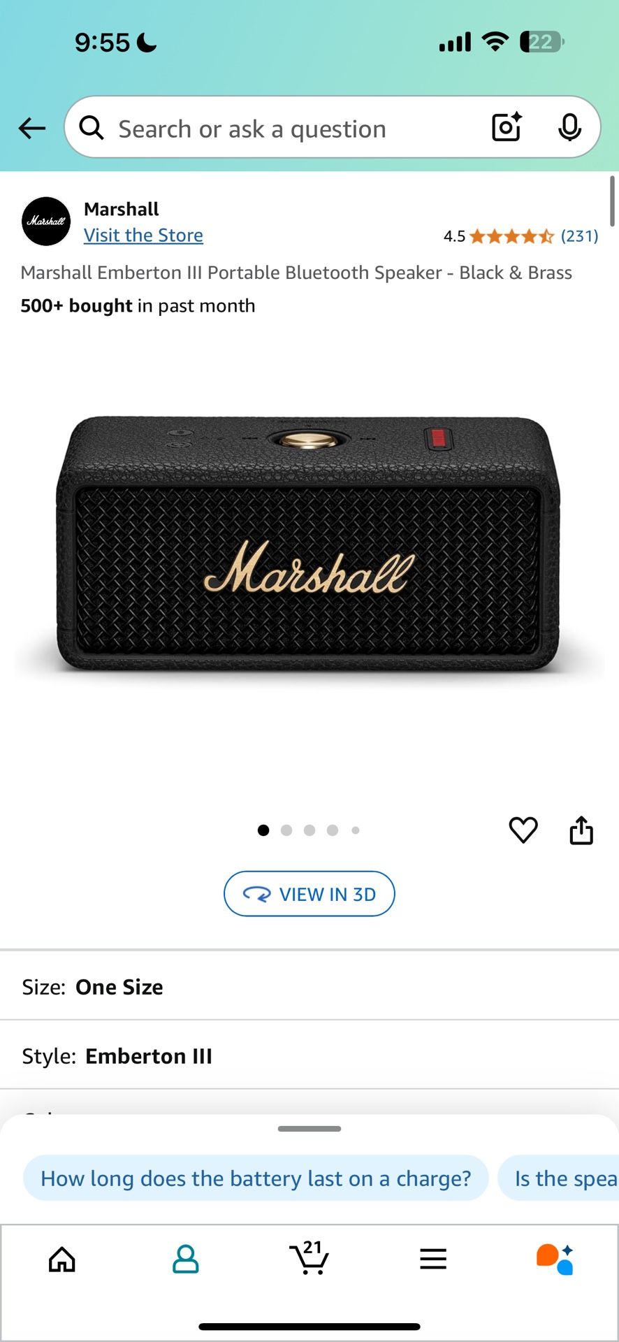 Marshall Emberton Ill Portable Bluetooth Speaker - Black & Brass