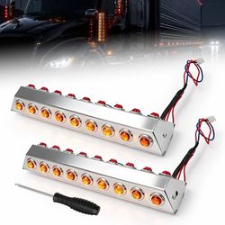 Truck Under Mirror LED Lights Side Marker Light Bars Plug & Play Bolt-On, Stainless Steel, 18 Holes per Bar with 9 Amber/9 Red Button Lights & Chrome