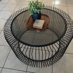 32 in. Black Round Open Wire Frame Glass Top Coffee Table