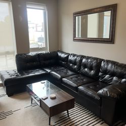 L-Shaped 10’ sofa black leather sectional couch