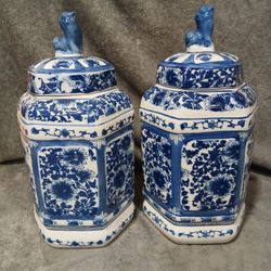 Vintage 15 Chinoiserie Hexagonal XL Blue and White Chinese Temple Pot Vase Ging Set Of Two