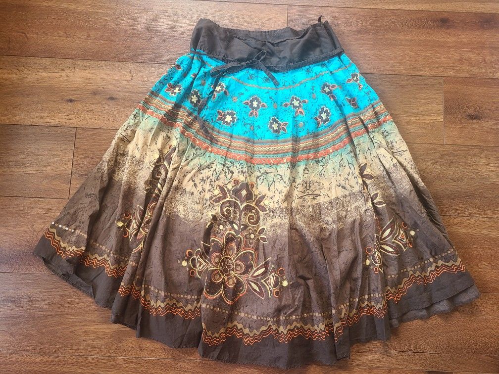 Grace Elements Boho Brown Blue Midi Skirt Sz 8