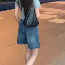 Retro blue high-waisted five-inch denim short pants for women, summer straight and wide-leg trousers