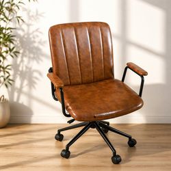 Vintage Style Brown Faux Leather Office Chair – Swivel, Padded, Mid-Century Modern