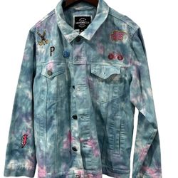 NWOT Victorious Papercuts Series Tie Dye Denim Jacket Patches Pins