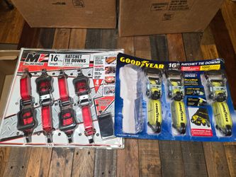 Macro Force and Goodyear 16ft Ratchet Tie Downs, 7 brand new tie downs