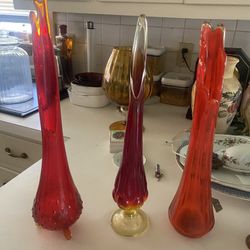1970’s Vintage Ruby Red/Gold Glass Swung Vases