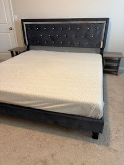 King Size Velvet Bed Frame with Headboard,Matress & Nightstands