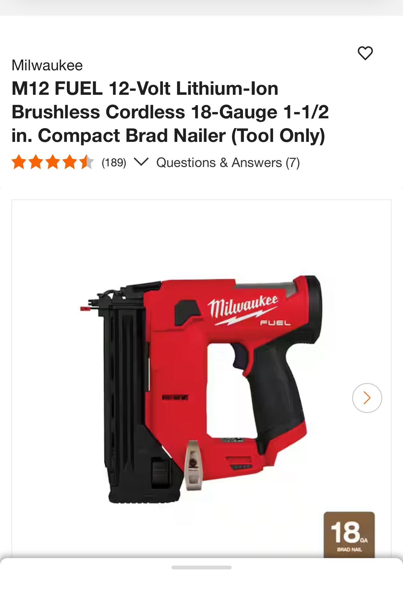 Milwaukee M12 FUEL 12-Volt Lithium-Ion Brushless Cordless 18-Gauge 1-1/2 in. Compact Brad Nailer (Tool Only)