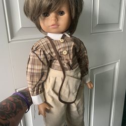 Porcelain Collectible Doll With Dirty Blonde Hair And Tan Outfit With Satchel!