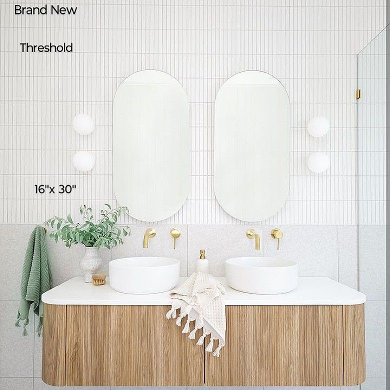Brand New Threshold 16" X 30 " Pill Shape Frameless Beveled Edges Mirror