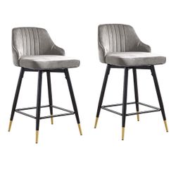 25" Swivel Counter Height Bar Stools Set of 2, Gray Velvet Bar Stool with Low Back and Footrest, Modern Upholstered Island Stools