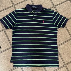 Polo Ralph Lauren Navy Blue Green Stripe Polo Shirt Mens LARGE Pink Pony Logo