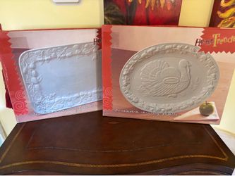 Set 2 Large Thanksgiving Holiday Platters White Ceramic Embossed with Original Boxes