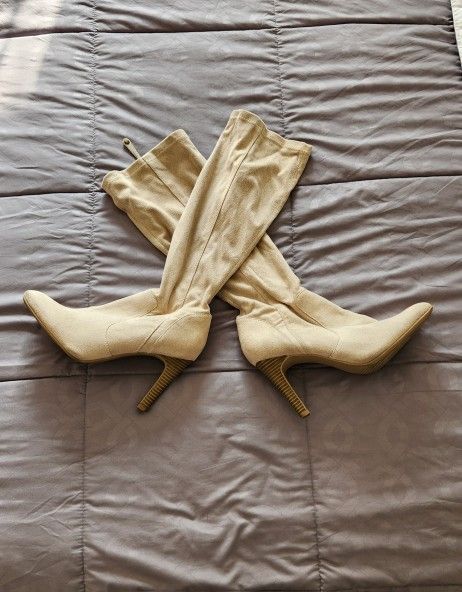 Beige Suede Heeled Women's Boots