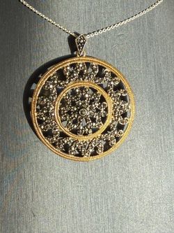 Vintage Gold Tone Marcasite Circle Pendant Necklace | Victorian Style Filigree Lace Medallion | Antique Style Statement Jewelry