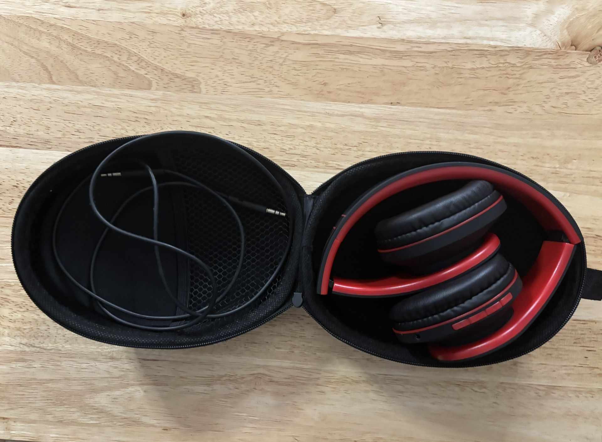 PowerLocus Bluetooth Headphones Wireless Over-Ear Red Black w/ Case & AUX Cable