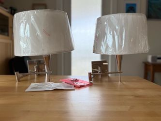 2 Swing Arm Wall Lamps + White Linen Shade