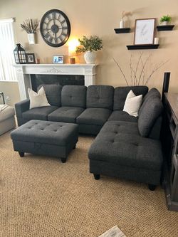 Beautiful Dark Grey sectional couch with storage ottoman LIKE NEW