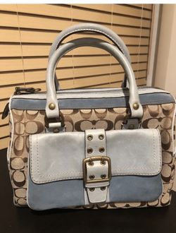 Coach Signature Satchel With Light Blue Trim