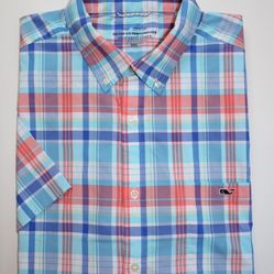 Vineyard Vines OTG Shirt - Mens Size XXL - Blue/White/Orange Plaid Button-up