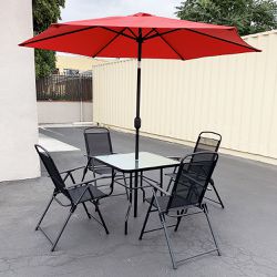 New $135 Outdoor 6pcs Patio Set with 32x32” Table, 4pc Folding Chairs and 10ft Tilt Umbrella 