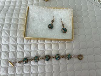 Teal and Gold Beaded Bracelet and Earring Set