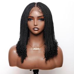 NEW/SEALED - Senegalese Mini Twist Braided Wig 14" Full Hand-tied HD Lace with Curly Ends - Human Baby Hair-14 inches-Black