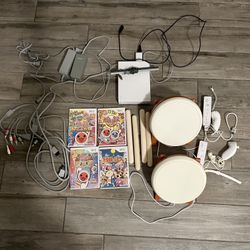 Japanese Wii console and taiko no tatsujin drums and game discs and adapters ready-to-play-in-US