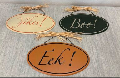 Set of 3 Country Farmhouse Halloween metal Hanging Signs - Boo! Eek! Yikes! - vintage Holiday Decor