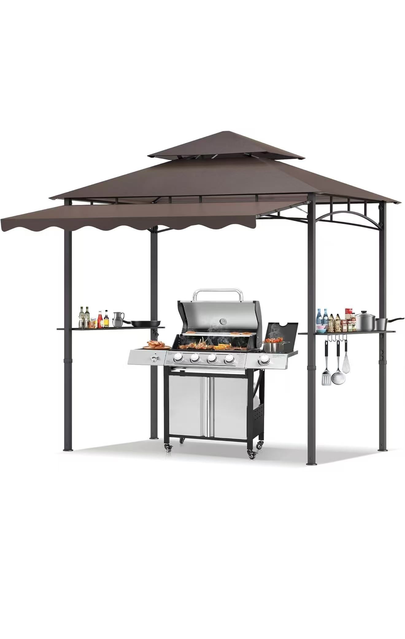TITIMO 8'x 8' x 7.8' Double Tiered Grill Gazebo with Side Awning,Outdoor Patio BBQ Pergola, Heavy-Duty Metal Frame Canopy Tent with Side Shelves,Hooks
