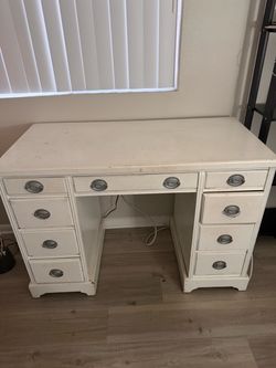 White Wood Desk with Drawers
