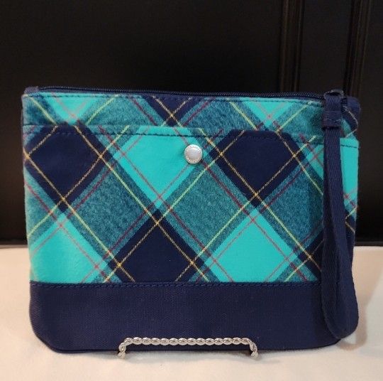 NWOT Lands' End Plaid Flannel Wristlet, Pouch, Cosmetic Bag, Navy Blue & Teal