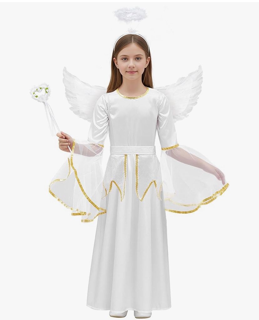 4 Pcs Angel Costume for Girls Including White Dress Headband Wing and Wand Ages: 8-10