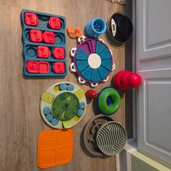 Cognitive Training Doggo Toys, slow down bowls, balance balls, scale, big ol Kong.
