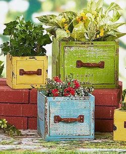 Rustic~Wood Drawers ~Set of 3 Multicolor Planters~Farmhouse~Spring🎉🌸🌷