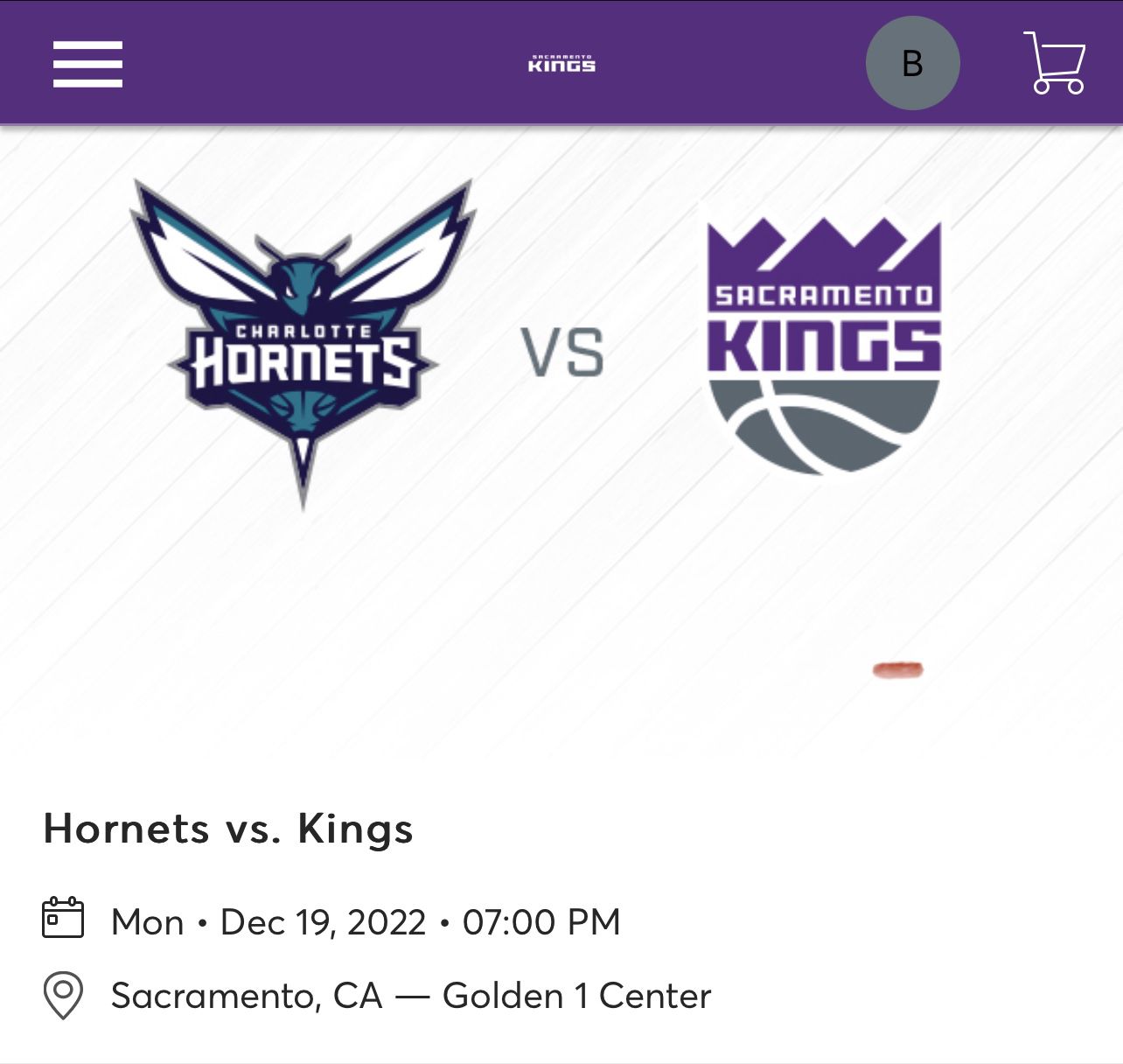 Hornets vs Kings 12/19 *Lower level*