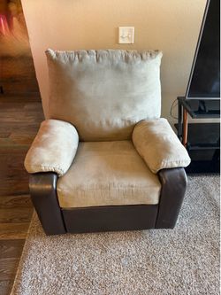 Grey microfiber and brown faux leather recliner
